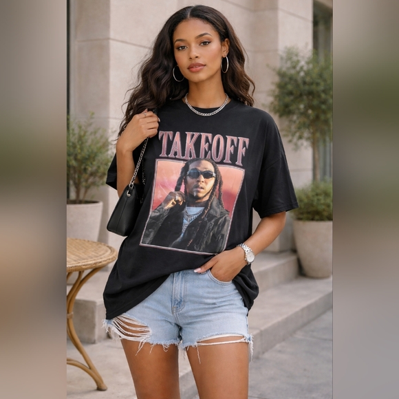 Source Unknown Tops - Takeoff Trendy Black Graphic Tee, Size XL
